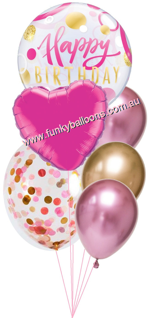 (image for) Pink + Gold Happy Birthday Balloon Bouquet - Click Image to Close