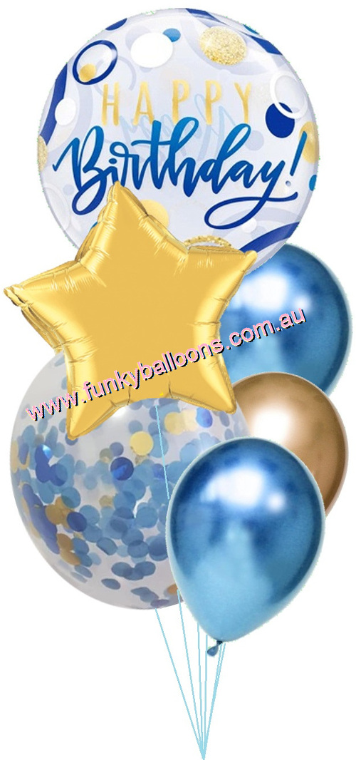 Blue + Gold Happy Birthday Balloon Bouquet